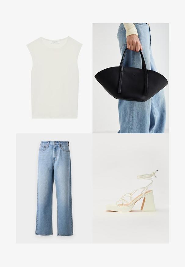 Top blanco sin mangas con escote redondo. Hecho de una tela suave, presenta un corte relajado y un diseño minimalista. Sin patrones ni acentos.; Jeans de mezclilla azul claro con un diseño de pierna recta, que cuentan con cierre de botón, pasadores para cinturón y un desgaste sutil en la textura del tejido.; Sandalia de tacón alto blanca con un tacón grueso, que presenta un diseño de tiras y un lazo en el tobillo. Textura suave con una plataforma en la parte delantera para mayor altura.; Bolso de mano de cuero negro con una forma de abanico única, que cuenta con asas planas. La superficie tiene una textura de grano y un diseño minimalista.