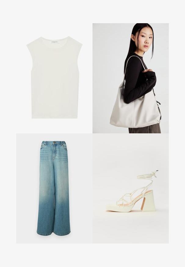 Hvit ermeløs topp med rund hals. Laget av glatt stoff, har den en avslappet passform og minimalistisk design. Ingen mønstre eller detaljer.; Lyseblå vide jeans med en gradvis falmeffekt, høy midje, fem lommer og knappelukking foran.; Hvit høyhælte sandal med kraftig hæl, med en stroppe-design og ankelbånd. Glatt tekstur med plattform foran for ekstra høyde.; Beige håndveske laget av mykt materiale, med en slapp design, sydd detaljer og to skulderstropper. Passer for daglig bruk.