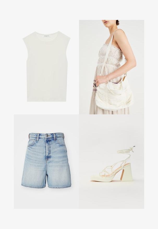 Top branco sem mangas com decote redondo. Feito de um tecido liso, apresenta um corte descontraído e um design minimalista. Sem padrões ou detalhes.; Calças de ganga azul claro com cintura alta, apresentando cinco bolsos, fecho de botão e bainha desfiada. Textura suave com áreas desbotadas.; Sandálias brancas de salto alto com um salto robusto, apresentando um design com tiras e amarração no tornozelo. Textura suave com uma plataforma na frente para altura adicional.; Bolsa de ombro em tecido branco com textura franzida, alça ajustável e acabamentos em prateado. Exposta ao lado de um vestido creme.