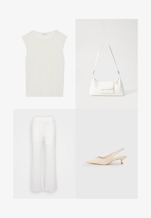 Hvid ærmeløs top med rund halsudskæring. Lavet af glat stof, har den en afslappet pasform og minimalistisk design. Ingen mønstre eller accenter.; Hvide bukser med en flagrende design, der har et subtilt chevron mønster, elastisk talje og let tekstureret materiale.; Spidsnæbbede slingback sko i off-white læder, med en lille sløjfedetalje og en lav kitten heel. Glat tekstur, minimalistisk design.; Hvid syntetisk håndtaske med en trekantet form, flad forsideklap og sløjfedetalje, justerbar strop, glat tekstur og minimalistisk design.