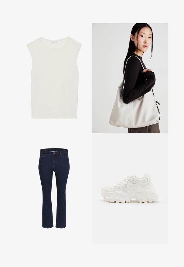 Balta be rankovių palaidinė su apvaliu kaklu. Pagaminta iš lygios medžiagos, ji turi laisvą siluetą ir minimalistinį dizainą. Be raštų ar akcentų.; Mėlyni džinsai su tiesiu kirpimu, turintys penkis kišenes, kontrastingą siuvinėjimą ir metalinį mygtuko užsegimą juosmens srityje.; Baltos masyvios sportinės bateliai su tekstūruotu paviršiumi, tinkliniais elementais ir storais guminiais padais su ryškiu protektoriumi. Įtrauktos raišteliai ir kilpa.; Bežinė rankinė, pagaminta iš minkštos medžiagos, turinti laisvą dizainą, siuvinėtas detalės ir dvi petnešos. Tinkama kasdieniam naudojimui.