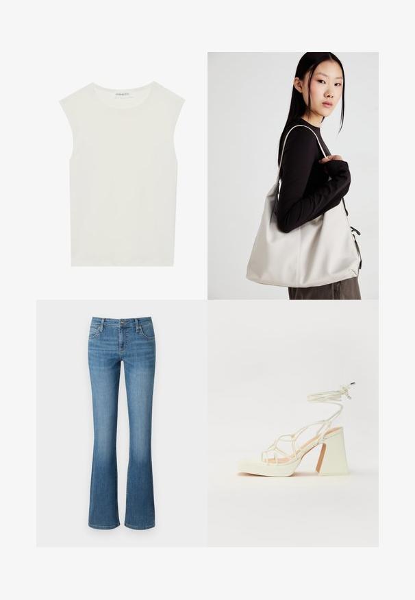White sleeveless top with a round neckline. Made of smooth fabric, it features a relaxed fit and minimalist design. No patterns or accents.; Flared blue jeans made of denim, featuring a high waist, five pockets, and subtle fading at the thigh, with stitched seams.; White high-heeled sandal with a chunky heel, featuring a strappy design and ankle tie. Smooth texture with a platform front for added height.; Beige handbag made of soft material, featuring a slouchy design, stitched detailing, and two shoulder straps. Suitable for everyday use.