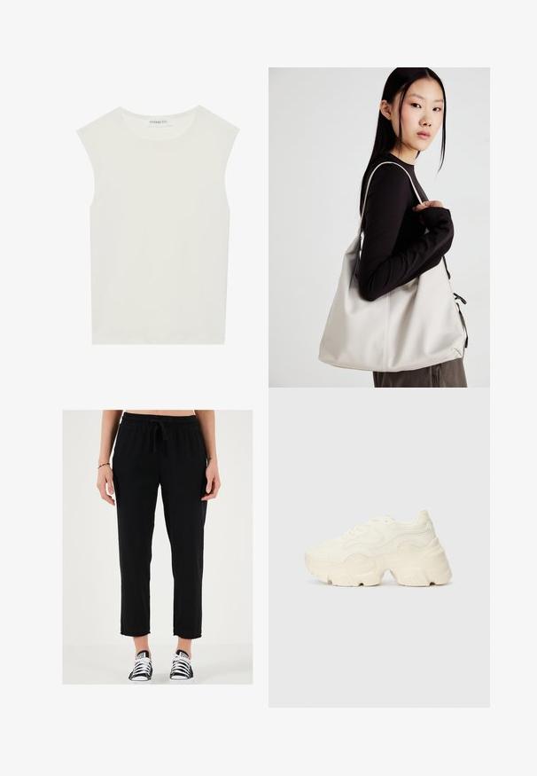 Valkoinen hihaton paita, jossa on pyöreä kaula-aukko. Valmistettu sileästä kankaasta, siinä on rento istuvuus ja minimalistinen muotoilu. Ei kuvioita tai koristeita.; Mustat collegehousut, joissa on joustava vyötärö ja naru, tyyliltään lyhyt ja rento, yhdistettynä mustiin ja valkoisiin lenkkareihin.; Paksut valkoiset lenkkarit, jotka on valmistettu teksturoidusta verkosta ja synteettisistä materiaaleista. Kenkäparissa on paksu pohja ja monimutkaisat kuviohuokoset sivuilla.; Beige laukku, joka on valmistettu pehmeästä materiaalista, ja siinä on rento muotoilu, ommeltu yksityiskohtia ja kaksi olkahihnaa. Sopii päivittäiseen käyttöön.