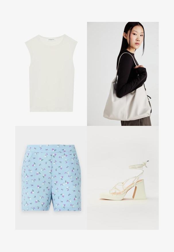 Top branco sem mangas com decote redondo. Feito de um tecido liso, apresenta um corte descontraído e um design minimalista. Sem padrões ou detalhes.; Calções azuis feitos de um tecido macio, com um padrão floral de flores brancas e roxas, e bolsos laterais. Projetados para conforto e estilo.; Sandálias brancas de salto alto com um salto robusto, apresentando um design com tiras e amarração no tornozelo. Textura suave com uma plataforma na frente para altura adicional.; Uma bolsa bege feita de material macio, com um design descontraído, detalhes de costura e duas alças para o ombro. Adequada para uso diário.