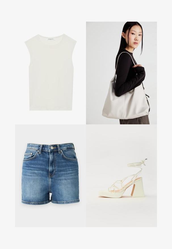Vit ärmlös topp med rund halsringning. Tillverkad av ett mjukt tyg, har den en avslappnad passform och minimalistisk design. Inga mönster eller detaljer.; Jeansshorts med en ljusblå tvätt, med hög midja, fem fickor och fransad kant. Tillverkad av bomull med en mjuk yta.; Vit högklackad sandal med en kraftig klack, med ett remdesign och ankelband. Slät textur med en plattform framtill för ökad höjd.; Beige handväska tillverkad av mjukt material, med en avslappnad design, sydda detaljer och två axelremmar. Lämplig för dagligt bruk.