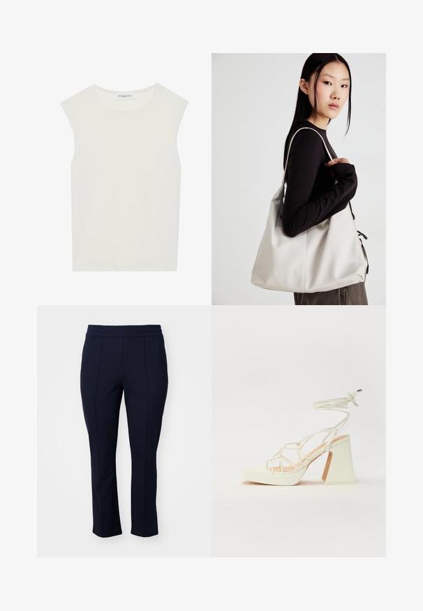 Top branco sem mangas com decote redondo. Feito de um tecido liso, apresenta um corte descontraído e um design minimalista. Sem padrões ou detalhes.; Calças elásticas azul-marinho com uma cintura elástica, apresentando detalhes de costura frontal e um design de perna afunilada. Textura de tecido suave e macio.; Sandálias brancas de salto alto com um salto robusto, apresentando um design com tiras e amarração no tornozelo. Textura suave com uma plataforma na frente para altura adicional.; Uma bolsa bege feita de material macio, com um design descontraído, detalhes de costura e duas alças para o ombro. Adequada para uso diário.