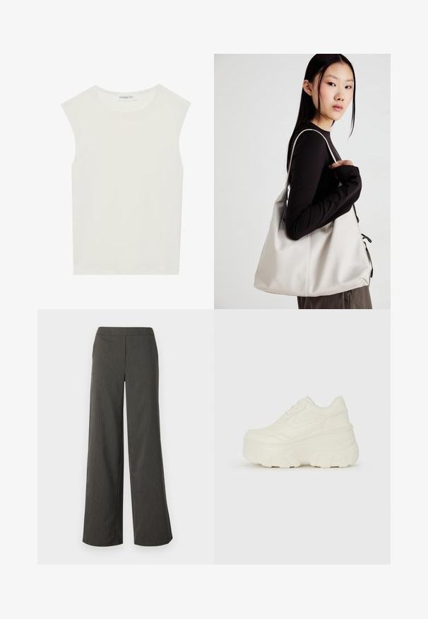 Top branco sem mangas com decote redondo. Feito de um tecido liso, apresenta um corte descontraído e um design minimalista. Sem padrões ou detalhes.; Calças largas em cinza escuro com riscas verticais, apresentando uma textura suave e uma cintura elástica para conforto.; Tênis brancos de plataforma com um cabedal suave semelhante a couro, formato arredondado, colarinho acolchoado e sola de borracha texturizada com ranhuras bem definidas.; Uma bolsa bege feita de material macio, com um design descontraído, detalhes de costura e duas alças para o ombro. Adequada para uso diário.