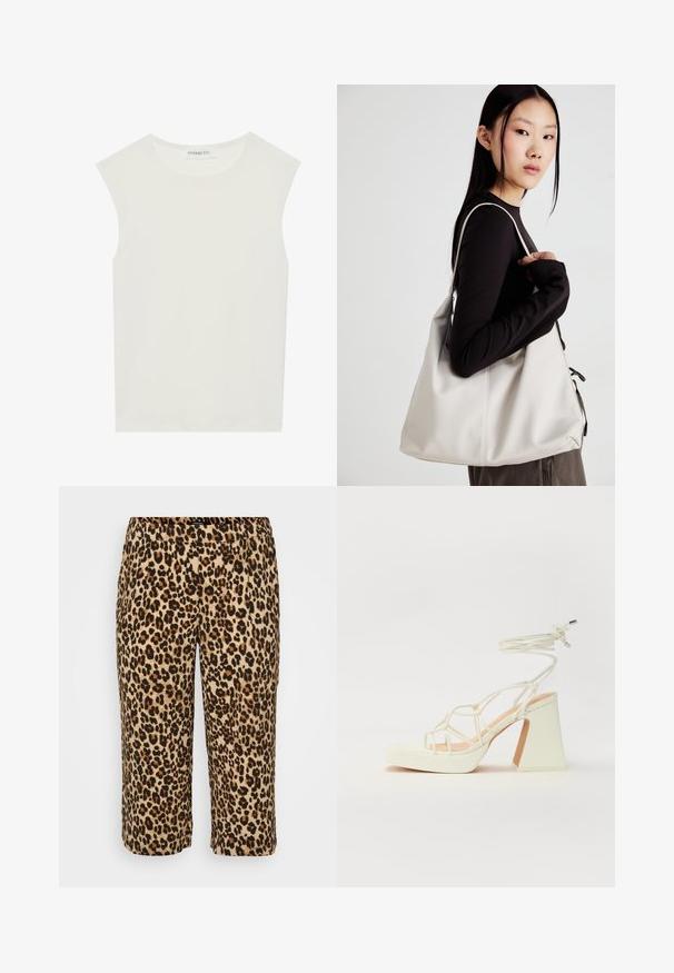 Valge ilma varrukateta topp ümmarguse kaelusega. Valmistatud siledast kangast, sellel on mugav lõige ja minimalistlik disain. Ei ole mustreid ega aksessuaare.; Leopardimustriga püksid pehmest kangast. Omavad elastset vöökohta, lühendatud pikkust ning mustrit mustade ja pruunide laikude kujul beezil taustal.; Valged kõrge kontsaga sandaalid, millel on paks konts ja rihmadega disain koos pahkluu sidumisega. Sile tekstuur ja platvorm ees, et lisada kõrgust.; Bež käekott pehme materjali, millel on lõtv disain, õmblustega detailid ja kaks õlarihma. Sobib igapäevaseks kasutamiseks.