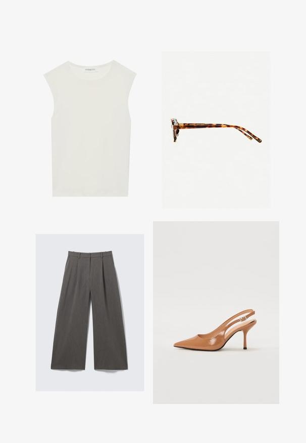White sleeveless top with a round neckline. Made of smooth fabric, it features a relaxed fit and minimalist design. No patterns or accents.; Gray pinstriped wide-leg trousers with belt loops and pleats, displayed flat against a white background.; Pointed toe slingback heel in a smooth, glossy tan material. Features a curved cutout design and a slender stiletto heel. Silver buckle detail.; Tortoiseshell sunglasses with a thick frame, slightly curved temples, and smooth texture. Features a classic design with a glossy finish.; Beige handbag made of soft material, featuring a slouchy design, stitched detailing, and two shoulder straps. Suitable for everyday use.