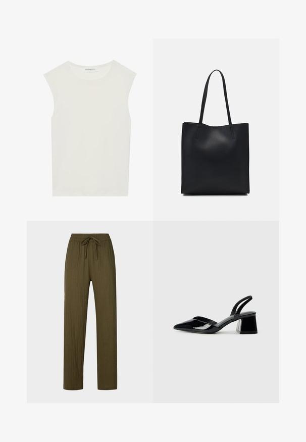 Valkoinen hihaton paita, jossa on pyöreä kaula-aukko. Valmistettu sileästä kankaasta, siinä on rento istuvuus ja minimalistinen muotoilu. Ei kuvioita tai koristeita.; Oliivinvihreät, pleatatut, kevyet housut, joissa on naru vyötäröllä ja suora lahje. Materiaali on pehmeä ja tekstuurinen.; Mustat patentoitu nahkakengät, joissa on säären takaosa ja terävä kärki, sekä geometrinen palikkakorko. Sisältää tyylikkään, minimalistisen muotoilun ja sileän pinnan.; Mustapahkainen kangaskassi, jossa on sileä pinta, suorakaiteen muotoinen ja kaksi pitkää kahvaa. Ei näkyvää metalliosaa tai koristeita.; Kultaiset rengaskorvakorut, joissa on sileä ja pyöristetty muotoilu. Ohuet ja kevyet, sisältäen jatkuvan lenkin ilman mitään koristeita.