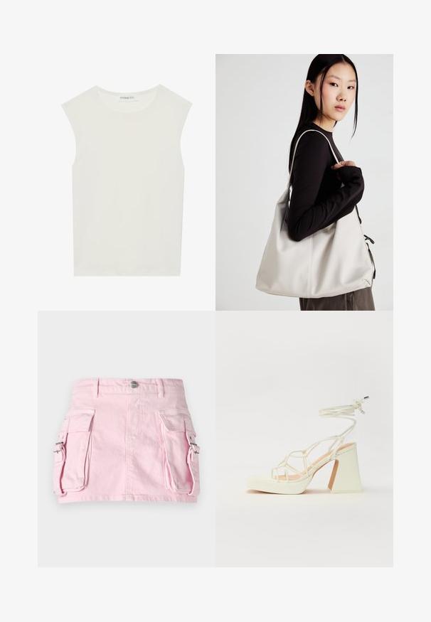 Hvit ermeløs topp med rund hals. Laget av glatt stoff, har den en avslappet passform og minimalistisk design. Ingen mønstre eller detaljer.; Rosa denim-skjørt med to sidelommer, sølvfarge trykknapplukking og en strukturert design. Glatt tekstur med synlige sømdetaljer.; Hvit høyhælte sandal med kraftig hæl, med en stroppe-design og ankelbånd. Glatt tekstur med plattform foran for ekstra høyde.; Beige håndveske laget av mykt materiale, med en slapp design, sydd detaljer og to skulderstropper. Passer for daglig bruk.