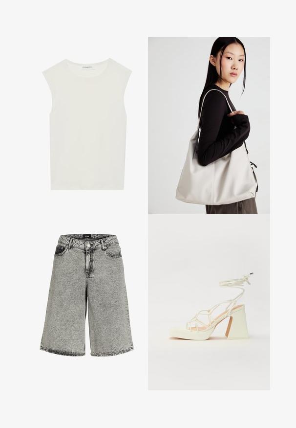 Balta be rankovių palaidinė su apvaliu kaklu. Pagaminta iš lygios medžiagos, ji turi laisvą siluetą ir minimalistinį dizainą. Be raštų ar akcentų.; Išblukę juodi džinsiniai šortai, laisvo silueto, su aukštu liemeniu, penkių kišenių dizainu ir matoma siuvimo detale.; Balti aukštakulniai sandalai su masyviu kulnu, su dirželių dizainu ir kulkšnies raiščiu. Lygi tekstūra su platforma priekyje, suteikianti papildomą aukštį.; Bežinė rankinė, pagaminta iš minkštos medžiagos, turinti laisvą dizainą, siuvinėtas detalės ir dvi petnešos. Tinkama kasdieniam naudojimui.