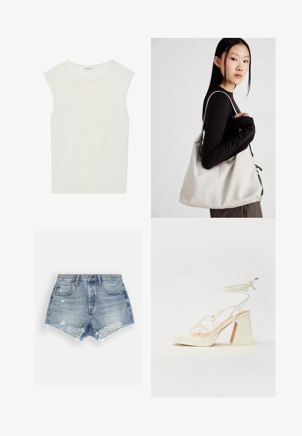 Bijela majica bez rukava s okruglim izrezom. Izrađena je od glatkog materijala, nudi opušteni kroj i minimalistički dizajn. Bez uzoraka ili ukrasa.; Traper šorts u svijetloplavoj boji s istrošenim završetkom. Ima razderane rubove i dva prednja džepa. Kopčanje na gumbe u struku.; Bijela sandala na visokoj potpetici s debelim petom, s remenom i vezanjem oko gležnja. Glatka tekstura s platformom sprijeda za dodatnu visinu.; Bežna torba od mekog materijala s opuštenim dizajnom, šivanim detaljima i dva remena za rame. Pogodna za svakodnevnu upotrebu.