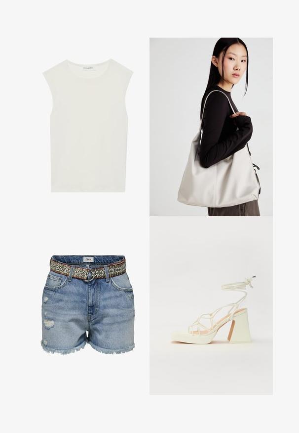 Valkoinen hihaton paita, jossa on pyöreä kaula-aukko. Valmistettu sileästä kankaasta, siinä on rento istuvuus ja minimalistinen muotoilu. Ei kuvioita tai koristeita.; ONLY Farkkushortsit - medium blue denim; Valkoinen korkokenkä, jossa on paksu korko, ja joka sisältää nauhakiinnityksen ja nilkkaketjun. Sujuva pinta, jossa on platform-etupohja lisäkorkeutta varten.; Beige laukku, joka on valmistettu pehmeästä materiaalista, ja siinä on rento muotoilu, ommeltu yksityiskohtia ja kaksi olkahihnaa. Sopii päivittäiseen käyttöön.