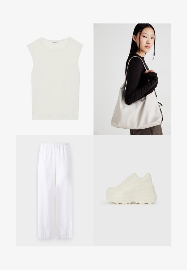 Valge ilma varrukateta topp ümmarguse kaelusega. Valmistatud siledast kangast, sellel on mugav lõige ja minimalistlik disain. Ei ole mustreid ega aksessuaare.; Valged linased püksid elastse vöökohtaga, sirge jala disainiga ning külgmiste lõhikute abil ventilatsiooniks ja liikumise mugavuseks.; Valged platvormi tõusukingad, millel on siledast nahast meenutav pealis, ümar kuju, pehmendatud kaelus ja tekstureeritud kummitald koos selgete hüdrofoobsete mustritega.; Bež käekott pehme materjali, millel on lõtv disain, õmblustega detailid ja kaks õlarihma. Sobib igapäevaseks kasutamiseks.