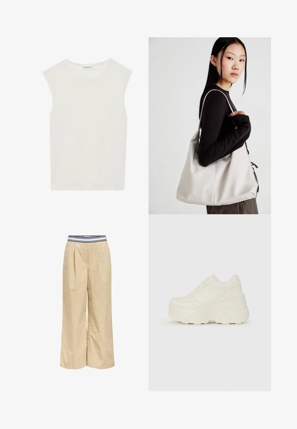 Bílý bezrukávový top s kulatým výstřihem. Vyroben z hladkého materiálu, má volný střih a minimalistický design. Bez vzorů nebo akcentů.; Béžové široké kalhoty s elastickým pasem v černobílém pruhu, se sklady vepředu a hladkým bavlněným materiálem.; Bílé platformové tenisky s hladkým svrškem podobným kůži, zaobleným tvarem, polstrovaným límcem a texturovanou gumovou podrážkou s vyznačenými vzory.; Beige kabelka vyrobená z měkkého materiálu, s volným designem, prošívanými detaily a dvěma ramenními popruhy. Vhodná pro každodenní použití.