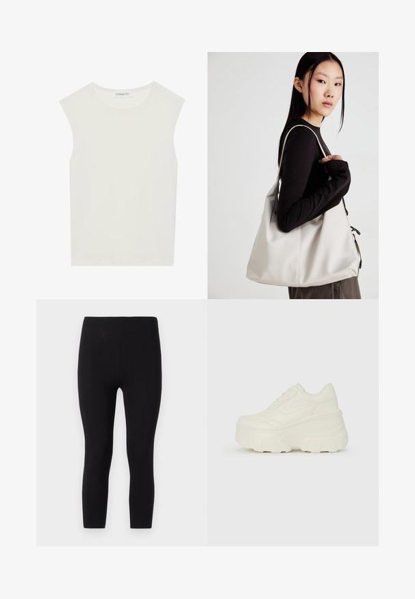 Witte mouwloze top met een ronde halslijn. Gemaakt van gladde stof, het heeft een losse pasvorm en een minimalistisch ontwerp. Geen patronen of accenten.; Zwarte leggings gemaakt van rekbaar materiaal. Voorzien van een naadloze tailleband en een aansluitend ontwerp tot enkel met een zachte textuur.; Witte platform sneakers met een gladde leren bovenkant, afgeronde vorm, gewatteerde kraag en een gestructureerde rubberen zool met duidelijke profiel.; Beige handtas gemaakt van zacht materiaal, met een slonzig ontwerp, gestikte details en twee schouderbanden. Geschikt voor dagelijks gebruik.
