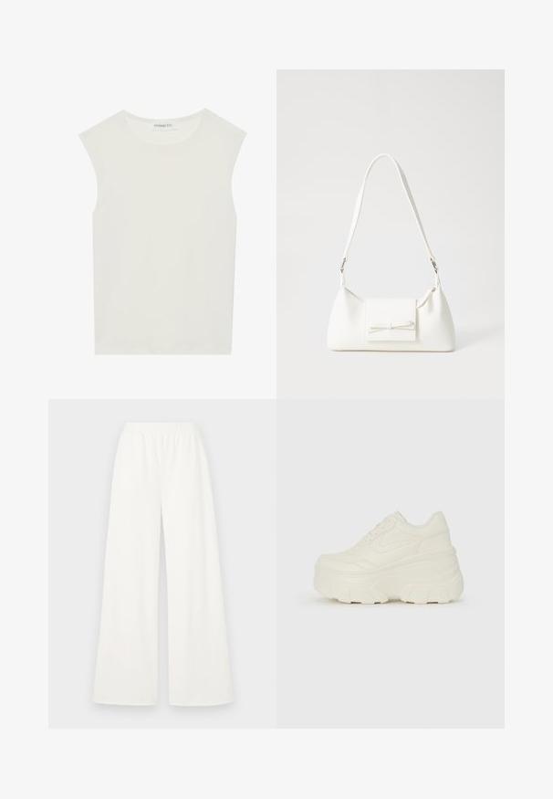 White sleeveless top with a round neckline. Made of smooth fabric, it features a relaxed fit and minimalist design. No patterns or accents.; Wide-leg pants in a lightweight, soft white fabric. Features an elastic waistband for comfort and a smooth texture with no visible patterns.; White platform sneakers featuring a smooth leather-like upper, rounded shape, padded collar, and textured rubber sole with defined treads.; White synthetic handbag with a triangular shape, flat front flap and bow detail, adjustable strap, smooth texture, and minimalistic design.