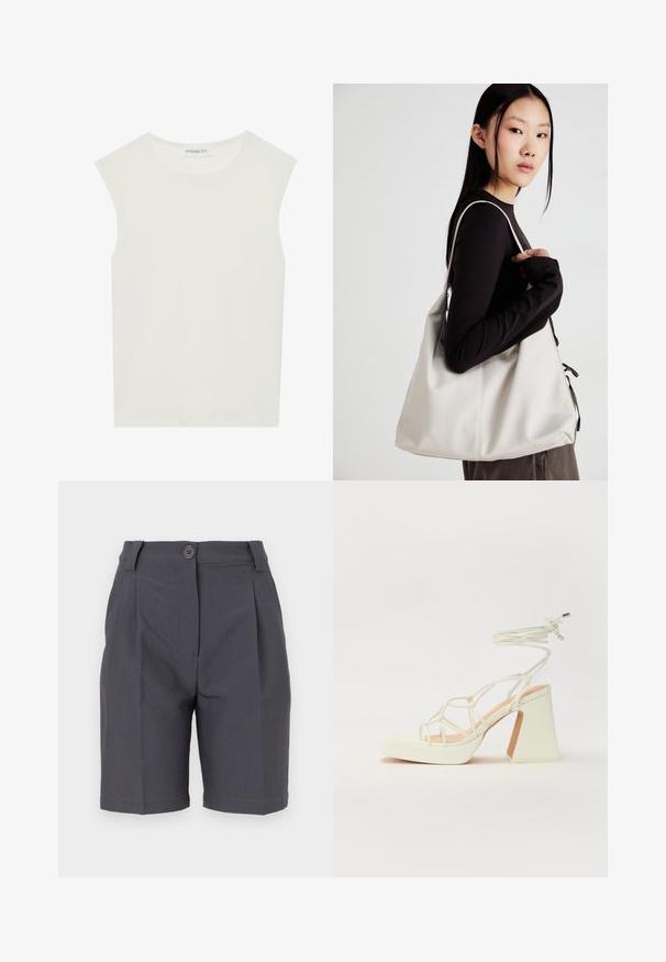 Weißes ärmelloses Top mit rundem Ausschnitt. Hergestellt aus glattem Stoff, hat es einen lässigen Schnitt und minimalistisches Design. Keine Muster oder Akzente.; Graue maßgeschneiderte Shorts mit Falten, Knopfverschluss und seitlichen Taschen. Hergestellt aus einem glatten, leichten Stoff mit strukturierter Passform.; Weiße High-Heel-Sandale mit einem klobigen Absatz, die über ein Riemchendesign und ein Knöchelband verfügt. Glatte Textur mit einer Plattform vorne für zusätzliche Höhe.; Beige Handtasche aus weichem Material, mit einem lässigen Design, gesteppten Details und zwei Schulterriemen. Geeignet für den täglichen Gebrauch.