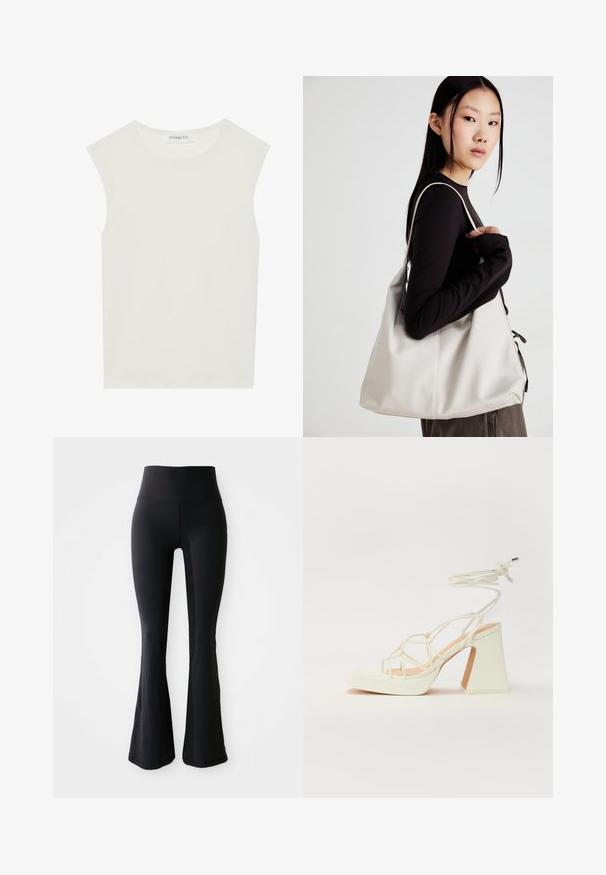 White sleeveless top with a round neckline. Made of smooth fabric, it features a relaxed fit and minimalist design. No patterns or accents.; Black flared yoga pants made of stretchy material with a high waistband, featuring smooth texture and no visible patterns or accents.; White high-heeled sandal with a chunky heel, featuring a strappy design and ankle tie. Smooth texture with a platform front for added height.; Beige handbag made of soft material, featuring a slouchy design, stitched detailing, and two shoulder straps. Suitable for everyday use.