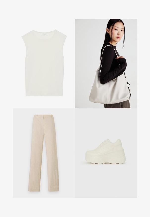 Hvit ermeløs topp med rund hals. Laget av glatt stoff, har den en avslappet passform og minimalistisk design. Ingen mønstre eller detaljer.; Beige linsemansjetter med rette ben og en jevn tekstur, som har glidelås foran, beltehemper og pressede linjer for et skreddersydd utseende.; Hvite plattformsnickers med en glatt læraktig overdel, avrundet form, polstret krage og teksturert gummisåle med tydelige dekk.; Beige håndveske laget av mykt materiale, med en slapp design, sydd detaljer og to skulderstropper. Passer for daglig bruk.