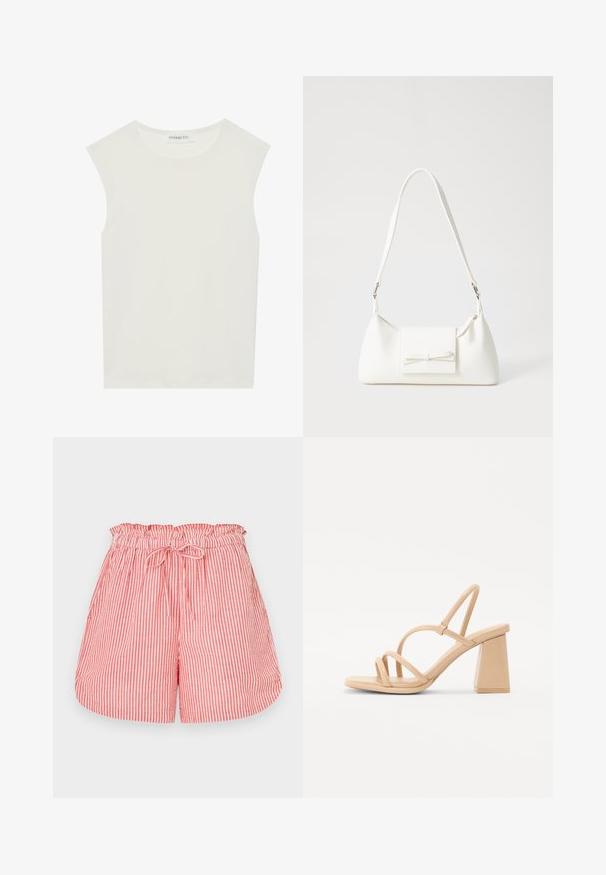 Fehér ujjatlan felső, kerek nyakkivágással. Simább anyagból készült, laza fazonnal és minimalista kialakítással rendelkezik. Nincsenek minták vagy díszítések.; Piros és fehér csíkos rövidnadrág elasztikus derékrésszel és zsinórral. Kényelmes fazonú, sima tapintású.; Meztelen, magassarkú szandál négyzet alakú tömbsarokkal, vékony pántokkal és sima, fényes felülettel. Egyszerű dizájn, pántos felsőrésszel.; Fehér szintetikus kézitáska, háromszög alakú, lapos előlap, masni részlettel, állítható pánttal, sima textúrával és minimalista dizájnnal.