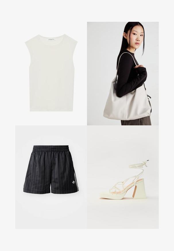 Top branco sem mangas com decote redondo. Feito de um tecido liso, apresenta um corte descontraído e um design minimalista. Sem padrões ou detalhes.; Calções de desporto pretos com riscas verticais brancas, cintura elástica e bolsos laterais. Apresenta logótipo da marca em branco no canto inferior esquerdo.; Sandálias brancas de salto alto com um salto robusto, apresentando um design com tiras e amarração no tornozelo. Textura suave com uma plataforma na frente para altura adicional.; Uma bolsa bege feita de material macio, com um design descontraído, detalhes de costura e duas alças para o ombro. Adequada para uso diário.