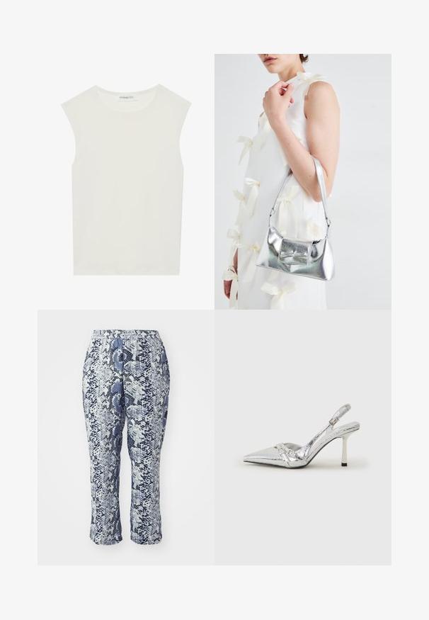 Biely bezrukávový top s okrúhlym výstrihom. Vyrobený z hladkého materiálu, má uvoľnený strih a minimalistický dizajn. Žiadne vzory alebo akcenty.; Bermudy s hadím vzorom v modrej a bielej farbe, s elastickým pásom, strihaním na telo a dĺžkou po polovicu lýtok. Látka vyzerá hladko a má jemný lesk.; Strieborné slingback lodičky na vysokom opätku s špicatou špičkou, metalickým povrchom, dvoma dekoratívnymi pruhmi a štíhlym opätkom s čiernym hrotom.; Strieborná metalická kabelka so štruktúrovaným tvarom, ktorá má hornú rukoväť a mašľu na prednej strane. Hladká textúra, reflexný povrch.; Strieborné kruhové náušnice s hladkým, okrúhlym dizajnom a lesklým povrchom. Sú tenké a ľahké, s jednoduchým uzáverom.