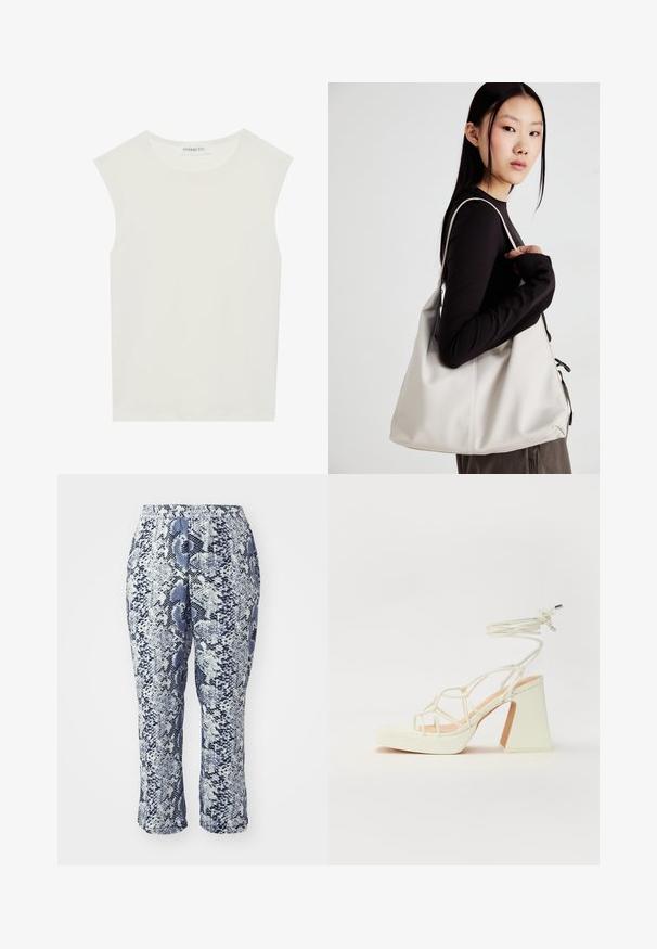 White sleeveless top with a round neckline. Made of smooth fabric, it features a relaxed fit and minimalist design. No patterns or accents.; Blue and white snake print pants with an elastic waistband, tailored fit, and mid-calf length. Fabric appears smooth with a subtle sheen.; White high-heeled sandal with a chunky heel, featuring a strappy design and ankle tie. Smooth texture with a platform front for added height.; Beige handbag made of soft material, featuring a slouchy design, stitched detailing, and two shoulder straps. Suitable for everyday use.