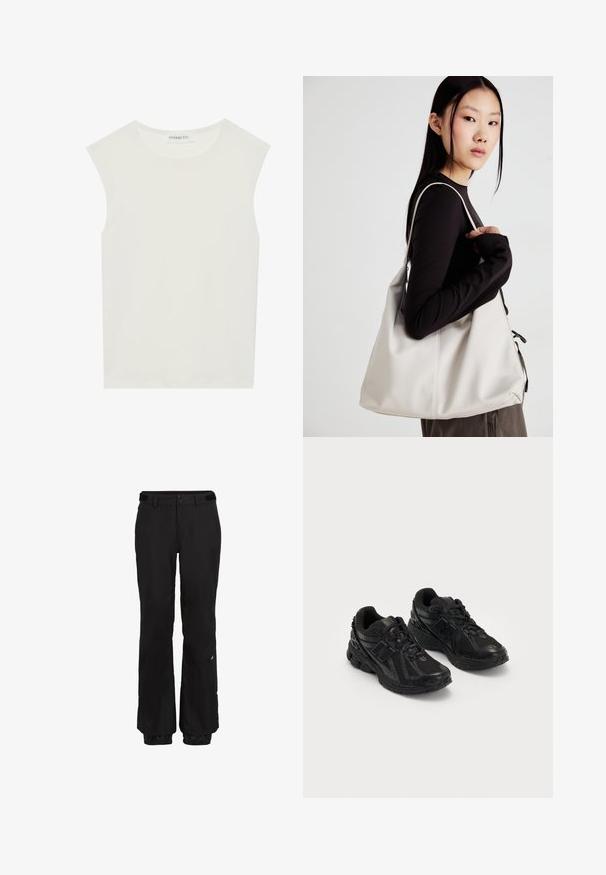 Hvid ærmeløs top med rund halsudskæring. Lavet af glat stof, har den en afslappet pasform og minimalistisk design. Ingen mønstre eller accenter.; Sorte snebukser med lige snit, justerbar talje, forstærkede manchetter og diskret brandingdetalje på venstre ben.; Sorte atletiske sko lavet af mesh og syntetiske materialer. Har en polstret sål, teksturerede mønstre og præget branding på siden.; Beige håndtaske lavet af blødt materiale med et slouchy design, stikninger og to skulderremme. Velegnet til daglig brug.