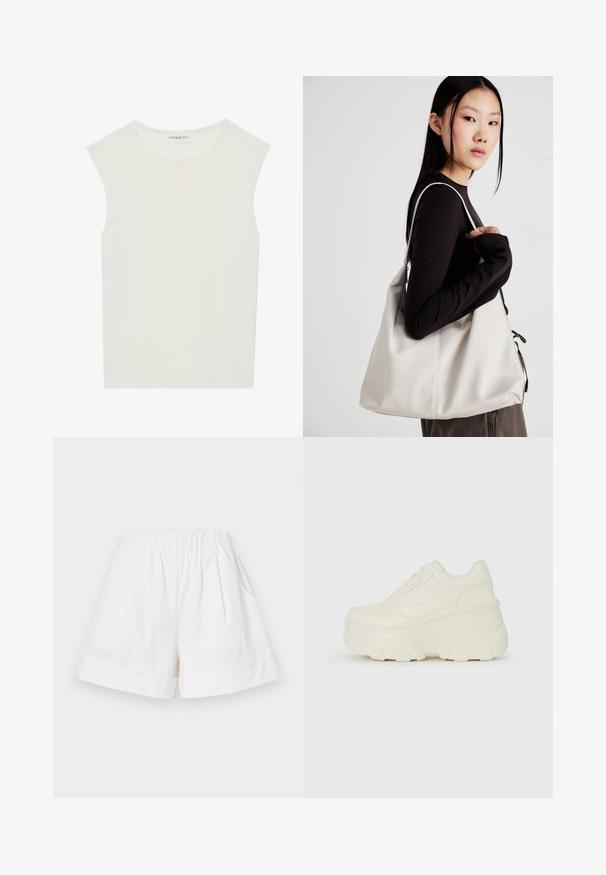 White sleeveless top with a round neckline. Made of smooth fabric, it features a relaxed fit and minimalist design. No patterns or accents.; White, cotton shorts with an elastic waistband, two side pockets, and folded cuffs. Pleated design adds texture and dimension.; White platform sneakers featuring a smooth leather-like upper, rounded shape, padded collar, and textured rubber sole with defined treads.; Beige handbag made of soft material, featuring a slouchy design, stitched detailing, and two shoulder straps. Suitable for everyday use.