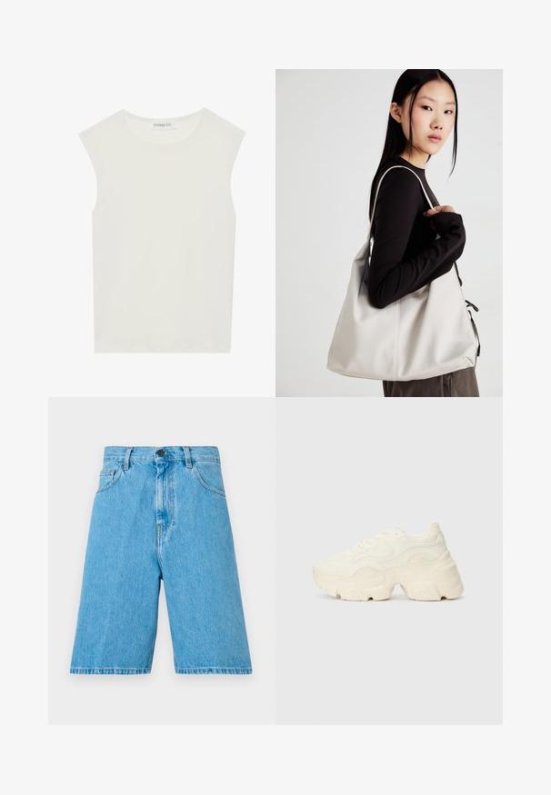 Fehér ujjatlan felső, kerek nyakkivágással. Simább anyagból készült, laza fazonnal és minimalista kialakítással rendelkezik. Nincsenek minták vagy díszítések.; Világoskék farmer rövidnadrág, laza szabású, övhurkokkal, gombos záródással és elülső zsebekkel. Az anyag sima tapintású.; Tömbös fehér sneakers, amely texturált hálóból és szintetikus anyagokból készült, vastag talppal és bonyolult mintázattal az oldalakon.; Puha anyagból készült bézs kézitáska, laza dizájnnal, varrott részletekkel és két vállpánttal. Mindennapi használatra alkalmas.