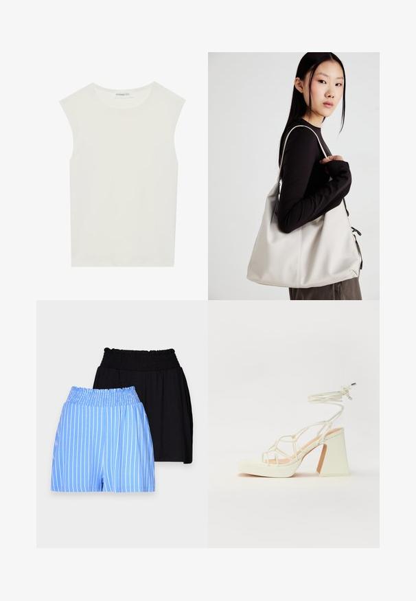 Biely bezrukávový top s okrúhlym výstrihom. Vyrobený z hladkého materiálu, má uvoľnený strih a minimalistický dizajn. Žiadne vzory alebo akcenty.; Dve dvojice šortiek s elastickým pásom: jedny svetlomodré s bielymi vertikálnymi prúžkami, druhé jednofarebné čierne. Obe sú vyrobené z mäkkého materiálu.; Biele sandále na vysokom opätku s hrubým podpätkom, s pruhovaným dizajnom a viazaním na členku. Hladký povrch s platformou vpredu pre zvýšenú výšku.; Béžová kabelka vyrobená z mäkkého materiálu, s uvoľneným dizajnom, prišitými detailmi a dvoma popruhmi na nosenie na pleciach. Vhodná na každodenné nosenie.