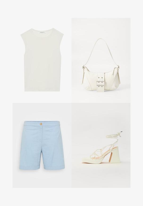 Balts bez piedurknēm tops ar apaļu kakla izgriezumu. Izgatavots no gludas auduma, tam ir brīvs piegriezums un minimālistisks dizains. Nav nekādas rakstainības vai akcentu.; Gaiši zili šorti, kas izgatavoti no mīksta, teksturēta auduma. Satur vienu koka pogu jostasvietā un sarullētu apdari.; Baltas augstpapēžu sandales ar masīvu papēdi, ar siksnu dizainu un potītes saistītiem elementiem. Gluda tekstūra ar platformu priekšpusē, lai nodrošinātu papildu augstumu.; Balts plecu soma ar teksturētu apdari, centrālu sprādzi un izliekta forma. Ražota ar rāvējslēdzēja aizdares abās pusēs.