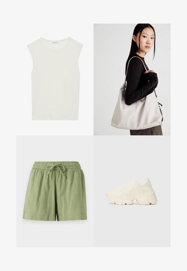 White sleeveless top with a round neckline. Made of smooth fabric, it features a relaxed fit and minimalist design. No patterns or accents.; Light green cotton shorts with an elastic waistband and drawstring. Features side pockets and a textured fabric finish.; Chunky white sneakers made of textured mesh and synthetic materials, featuring a thick sole and intricate pattern details along the sides.; Beige handbag made of soft material, featuring a slouchy design, stitched detailing, and two shoulder straps. Suitable for everyday use.