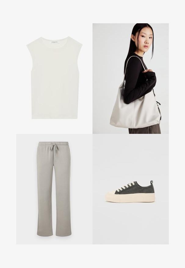 Balta be rankovių palaidinė su apvaliu kaklu. Pagaminta iš lygios medžiagos, ji turi laisvą siluetą ir minimalistinį dizainą. Be raštų ar akcentų.; Šviesiai pilki sportiniai kelnaičiai pagaminti iš švelnios medvilnės mišinio, turintys elastinę juostą su reguliuojama raišteliu ir tiesius sijonus.; Tamsiai pilki audiniai sportbačiai su smėlio spalvos guminiais padu, apvaliu pirštu ir baltais akių angomis. Suteikiama audinio kilpa ant kulno, kad būtų lengviau apsiauti.; Bežinė rankinė, pagaminta iš minkštos medžiagos, turinti laisvą dizainą, siuvinėtas detalės ir dvi petnešos. Tinkama kasdieniam naudojimui.