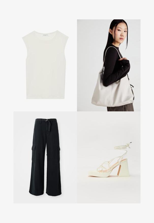 Balta be rankovių palaidinė su apvaliu kaklu. Pagaminta iš lygios medžiagos, ji turi laisvą siluetą ir minimalistinį dizainą. Be raštų ar akcentų.; Juodos plačios kojinės kargo kelnės, pagamintos iš medvilnės, su užrišamu diržu, turinčios dvi šonines kišenes ir lygią audinio tekstūrą.; Balti aukštakulniai sandalai su masyviu kulnu, su dirželių dizainu ir kulkšnies raiščiu. Lygi tekstūra su platforma priekyje, suteikianti papildomą aukštį.; Bežinė rankinė, pagaminta iš minkštos medžiagos, turinti laisvą dizainą, siuvinėtas detalės ir dvi petnešos. Tinkama kasdieniam naudojimui.