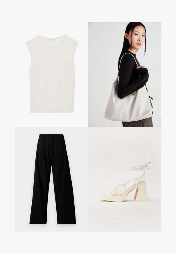 Haut sans manches blanc avec un col rond. Fabriqué en tissu lisse, il présente une coupe décontractée et un design minimaliste. Pas de motifs ni d'accents.; Pantalons noirs à jambes larges avec une taille haute, dotés de plis, de fermeture frontale dissimulée et d'un branding minimal sur la jambe gauche.; Sandale blanche à talons hauts avec un talon épais, présentant un design à lanières et un lien autour de la cheville. Texture lisse avec une plateforme à l'avant pour une hauteur supplémentaire.; Sac à main beige en matériau souple, avec un design décontracté, des détails cousus et deux poignées. Idéal pour un usage quotidien.