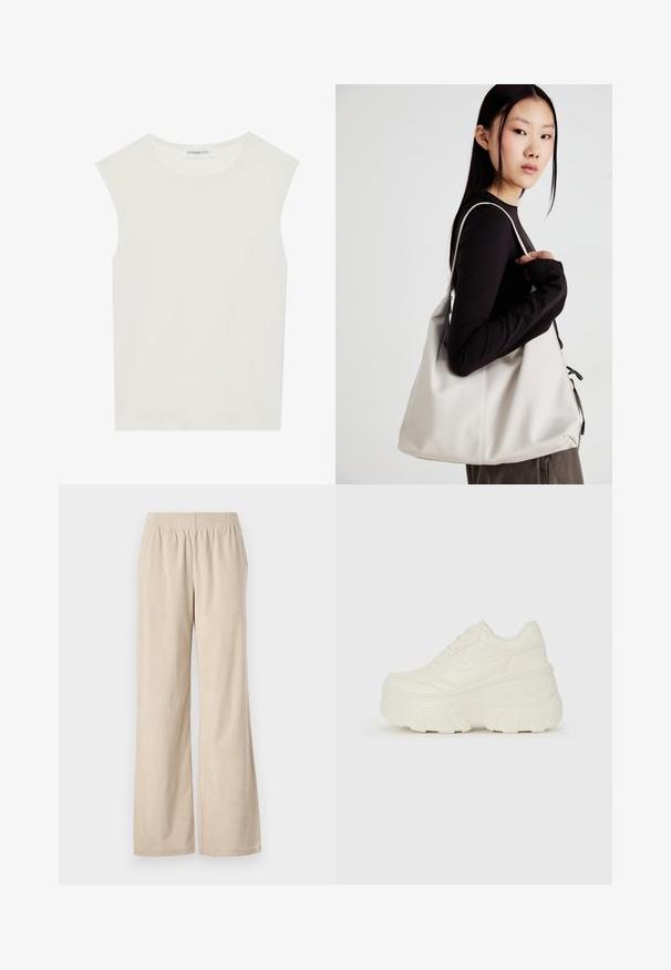 Bijela majica bez rukava s okruglim izrezom. Izrađena je od glatkog materijala, nudi opušteni kroj i minimalistički dizajn. Bez uzoraka ili ukrasa.; Bež kord pants širokih nogavica s elastičnim remenom i vertikalnom rebrastom teksturom, s rubom koji se nježno širi na dnu.; Bijele platformske tenisice s glatkim gornjim dijelom koji nalikuje koži, zaobljenim oblikom, podstavljenim okvirom i teksturiranim gumeni potplat s definiranom profilacijom.; Bežna torba od mekog materijala s opuštenim dizajnom, šivanim detaljima i dva remena za rame. Pogodna za svakodnevnu upotrebu.
