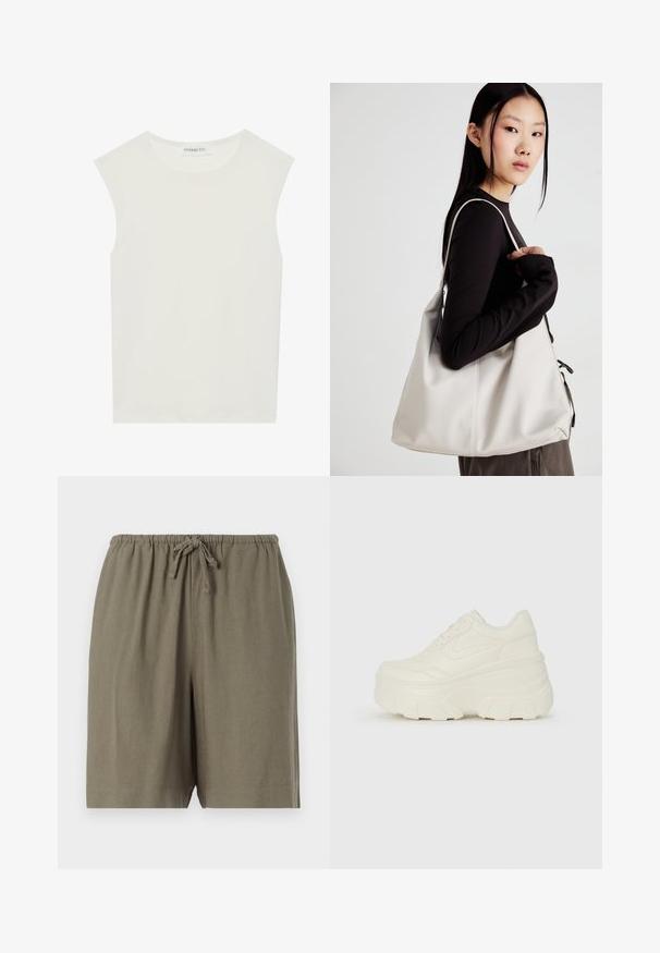 Hvit ermeløs topp med rund hals. Laget av glatt stoff, har den en avslappet passform og minimalistisk design. Ingen mønstre eller detaljer.; Kaki shorts laget av lett stoff. Har elastisk midje med snøring og en avslappet passform. Enkel, ensfarget design.; Hvite plattformsnickers med en glatt læraktig overdel, avrundet form, polstret krage og teksturert gummisåle med tydelige dekk.; Beige håndveske laget av mykt materiale, med en slapp design, sydd detaljer og to skulderstropper. Passer for daglig bruk.