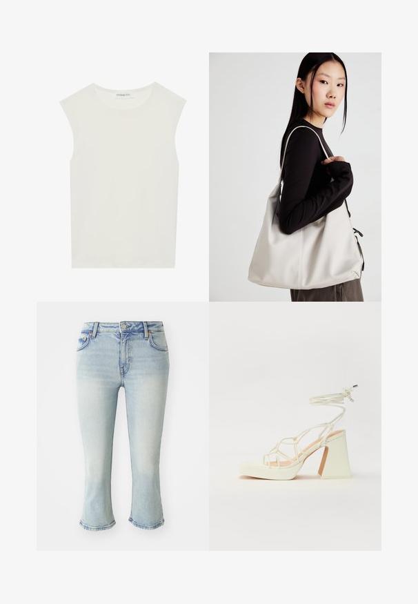Valge ilma varrukateta topp ümmarguse kaelusega. Valmistatud siledast kangast, sellel on mugav lõige ja minimalistlik disain. Ei ole mustreid ega aksessuaare.; Heledsinine denim püksid, millel on figuuriäratava siluett, sirge lühenemine ja keskmise kõrgusega vöökoht. Peen kulumine ja klassikaline viie tasku disain.; Valged kõrge kontsaga sandaalid, millel on paks konts ja rihmadega disain koos pahkluu sidumisega. Sile tekstuur ja platvorm ees, et lisada kõrgust.; Bež käekott pehme materjali, millel on lõtv disain, õmblustega detailid ja kaks õlarihma. Sobib igapäevaseks kasutamiseks.