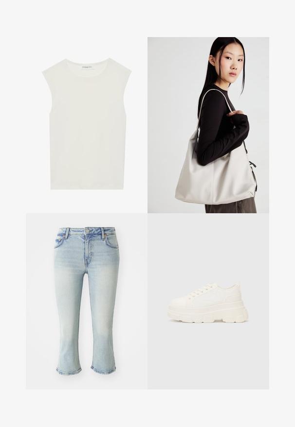 Balta be rankovių palaidinė su apvaliu kaklu. Pagaminta iš lygios medžiagos, ji turi laisvą siluetą ir minimalistinį dizainą. Be raštų ar akcentų.; Šviesiai mėlyni džinsai su prigludusia siluetu, išplatintu apvadu ir vidutinio aukščio liemeniu. Subtilus išblukimas ir klasikinis penkių kišenių dizainas.; Balti drobės sportbačiai su storu padu, apvalia nosimi ir penkiomis akytėmis raištams. Gale yra kilputė, kad būtų lengva užsidėti. Sklandus paviršius, minimalistinis dizainas.; Bežinė rankinė, pagaminta iš minkštos medžiagos, turinti laisvą dizainą, siuvinėtas detalės ir dvi petnešos. Tinkama kasdieniam naudojimui.