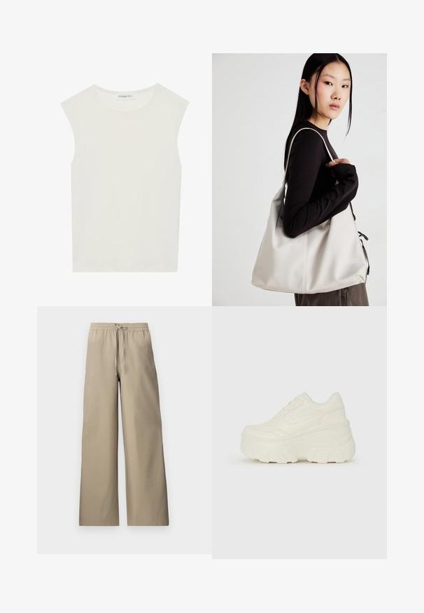 Top branco sem mangas com decote redondo. Feito de um tecido liso, apresenta um corte descontraído e um design minimalista. Sem padrões ou detalhes.; Calças largas beige com cintura elástica e cordão, apresentando uma textura de tecido suave e bolsos laterais.; Tênis brancos de plataforma com um cabedal suave semelhante a couro, formato arredondado, colarinho acolchoado e sola de borracha texturizada com ranhuras bem definidas.; Uma bolsa bege feita de material macio, com um design descontraído, detalhes de costura e duas alças para o ombro. Adequada para uso diário.