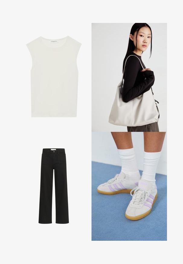 Bela brezrokavnica s okroglim izrezom. Narejena iz gladkega materiala, ima sproščen kroj in minimalističen dizajn. Brez vzorcev ali okrasnih elementov.; Kaffe KABROOK HW REG FIT - Kavbojke na trapez - black deep; Svetlosivi suedi čevlji z gumijastim podplatom, okrašeni s tremi lilasto-vijoličastimi črtami, ravne vezalke in bele rebraste nogavice. Postavljeni na modro ozadje.; Bežna torbica iz mehkega materiala, z ohlapno zasnovo, šivi in dvema naramnicama. Primerna za vsakodnevno uporabo.