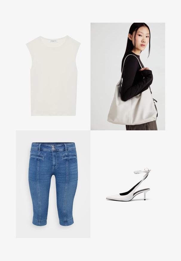 Top bianco senza maniche con scollatura rotonda. Realizzato in tessuto liscio, presenta una vestibilità rilassata e un design minimalista. Nessun motivo o accentuazione.; Pantaloni capri in denim blu con design aderente, due tasche frontali e orlo risvoltato. Il tessuto presenta una texture liscia con leggere sfumature.; Tacchi slingback bianchi a punta con cinturino sottile alla caviglia. Materiale in pelle liscia, tacco stiletto sottile e rivestimento interno nero.; Borsa a mano beige realizzata in materiale morbido, caratterizzata da un design morbido, dettagli cuciti e due manici. Adatta per l'uso quotidiano.