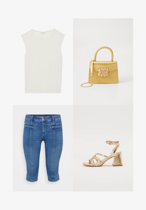 Biely bezrukávový top s okrúhlym výstrihom. Vyrobený z hladkého materiálu, má uvoľnený strih a minimalistický dizajn. Žiadne vzory alebo akcenty.; Modré denimové capri nohavice s priliehavým strihom, dvoma prednými vreckami a manžetou na leme. Tkanina má hladkú štruktúru so slabým vyblednutím.; Zlaté metalické sandále na podpätku so strappy dizajnom, štvorcovým blokovým podpätkom a nastaviteľným členkovým remienkom so sponou. Hladká textura.; Žltá falošná krokodília kabelka so štruktúrovaným dizajnom, horným držadlom, odnímateľným reťazovým popruhom a dekoratívnym kryštálovým ozdobením na zapínaní.; Zlaté kruhové náušnice s hladkým, zaobleným dizajnom. Tenké a ľahké, s nepřerušeným okruhom bez akýchkoľvek ozdôb.