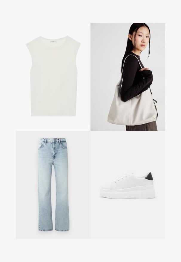 Valge ilma varrukateta topp ümmarguse kaelusega. Valmistatud siledast kangast, sellel on mugav lõige ja minimalistlik disain. Ei ole mustreid ega aksessuaare.; Heledad sinised teksapüksid kõrge vöökohaga, laiade säärte ja kerge kulumisega. Omab klassikalist viit taskut ning metallnuppe.; Valged platvormsneakerid, mis on valmistatud siledast sünteetilisest materjalist, ovaalse toe, paelkinnise disaini ja tekstuurse kummitaldiga. Must kontsrihm.; Bež käekott pehme materjali, millel on lõtv disain, õmblustega detailid ja kaks õlarihma. Sobib igapäevaseks kasutamiseks.