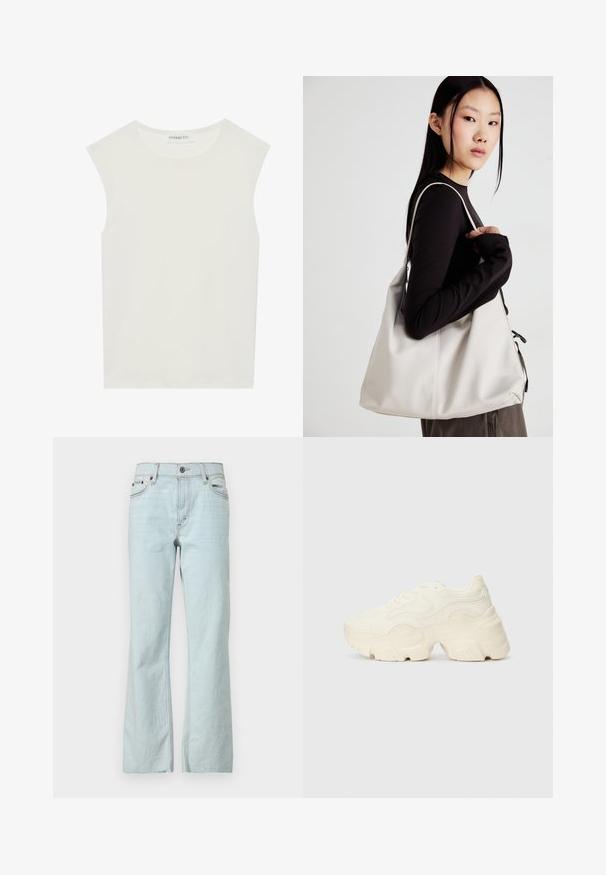 White sleeveless top with a round neckline. Made of smooth fabric, it features a relaxed fit and minimalist design. No patterns or accents.; Light blue denim jeans with a flared cut, button closure, five-pocket design, and subtle fading on the fabric. Clean, minimal stitching accents.; Chunky white sneakers made of textured mesh and synthetic materials, featuring a thick sole and intricate pattern details along the sides.; Beige handbag made of soft material, featuring a slouchy design, stitched detailing, and two shoulder straps. Suitable for everyday use.