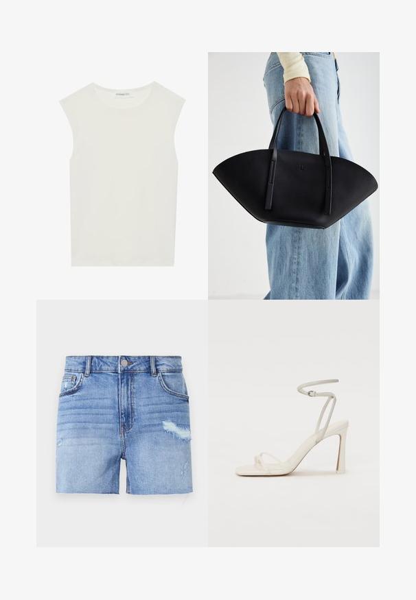 Λευκή αμάνικη μπλούζα με στρογγυλή λαιμόκοψη. Φτιαγμένη από απαλό ύφασμα, διαθέτει χαλαρή εφαρμογή και μινιμαλιστικό σχέδιο. Χωρίς μοτίβα ή αξεσουάρ.; Τζιν σορτς σε ανοιχτό μπλε χρώμα με φθαρμένη επιφάνεια. Διαθέτει πέντε τσέπες, κλείσιμο με κουμπί μπροστά και ευθεία γραμμή με ριγμένη άκρη.; Λευκή σανδάλι με ψηλό τακούνι, λεπτό λουράκι στον αστράγαλο και δύο μπροστινά λουράκια. Λείος υφασμάτινος χαρακτήρας από δέρμα με τετράγωνη μύτη και γυαλιστερό τακούνι.; Μαύρη δερμάτινη τσάντα χειρός με μοναδικό σχήμα φτερού, διαθέτει επίπεδους χειροφύλακες. Η επιφάνεια έχει υφή ογκωτού βράχου και μινιμαλιστικό σχέδιο.