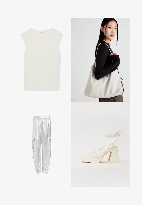 Balts bez piedurknēm tops ar apaļu kakla izgriezumu. Izgatavots no gludas auduma, tam ir brīvs piegriezums un minimālistisks dizains. Nav nekādas rakstainības vai akcentu.; Sudraba krāsa cargo bikses ar spīdīgu, metālisku apdari. Izstrādātas ar elastīgu jostasvīru un divām sānu kabatām funkcionalitātes nodrošināšanai.; Baltas augstpapēžu sandales ar masīvu papēdi, ar siksnu dizainu un potītes saistītiem elementiem. Gluda tekstūra ar platformu priekšpusē, lai nodrošinātu papildu augstumu.; Bežs rokassoma, izgatavota no mīksta materiāla, ar brīvu dizainu, izšūtu apdari un divām plecu siksnām. Piemērota ikdienas lietošanai.